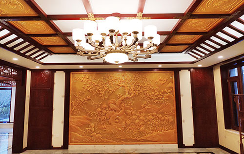 天水中式别墅客厅中式木作横梁吊顶装饰展示